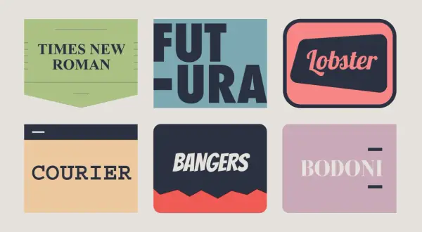 Kolekcja popularnych czcionek: Times New Roman, Futura, Lobster, Courier, Bangers, Bodoni.