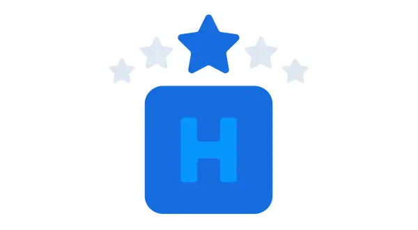Pięć gwiazdek nad niebieskim kwadratem z literą "H" – idealna reklama hotelu.