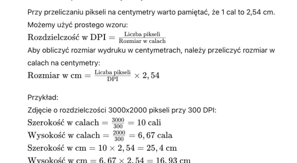 Przeliczanie pikseli na centymetry. Przykład zdjęcia o rozdzielczości 3000x2000 pikseli przy 300 DPI.