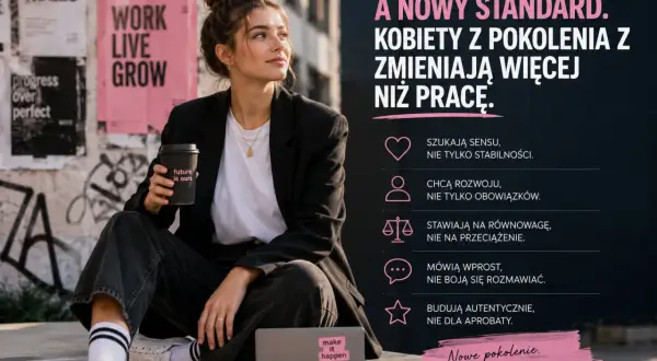 Reklama przypominająca: młoda kobieta z kawą, symbolizująca nowe pokolenie, które zmienia zasady gry i buduje lepsze jutro.