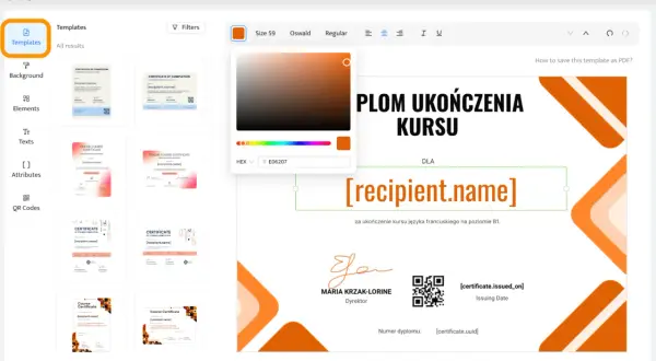 Program do tworzenia dyplomów pozwala wybrać szablon i dostosować kolory, np. pomarańczowy.