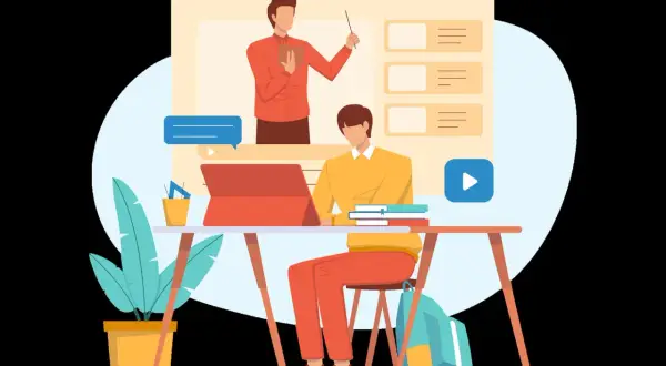 Ilustracja przedstawia studenta uczącego się zdalnie. To idealny wzór ogłoszenia o imprezie edukacyjnej online.