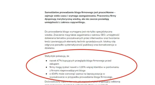 Wzór oferty reklamowej: Statystyki pokazują, że blog firmowy zwiększa szanse na lepszą pozycję w wyszukiwarce i pozyskanie klientów.
