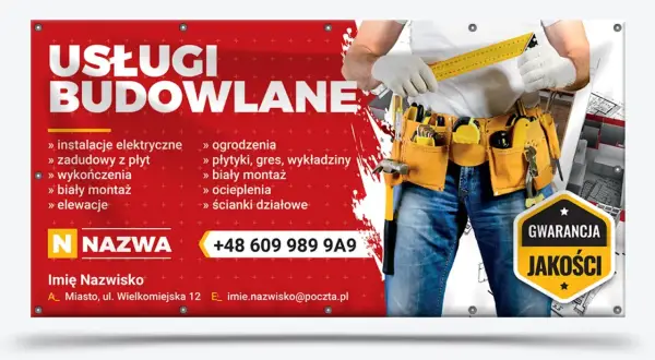 Profesjonalna reklama firmy budowlanej oferującej szeroki zakres usług: od instalacji elektrycznych po biały montaż i elewacje. Gwarancja jakości.