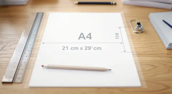 Na biurku leży kartka w formacie **a4** z zaznaczonymi wymiarami, obok linijka i ołówek.