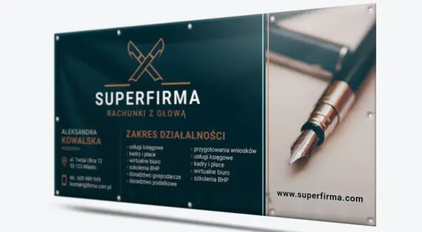 Reklama biura rachunkowego "Superfirma". Oferuje usługi księgowe, kadry i płace, wirtualne biuro, szkolenia BHP, doradztwo gospodarcze i podatkowe.