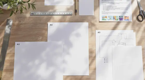 Na drewnianym blacie leżą kartki w formatach A4 i A3, linijka, ołówek i nożyczki.