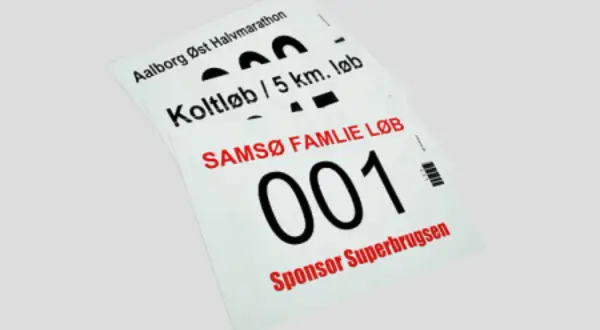 Numery startowe dla biegów: Aalborg Øst Halvmarathon, Koltløb / 5 km. løb, Samsø Familie Løb z numerem 001 i sponsorem Superbrugsen.