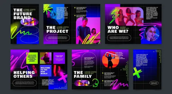 Kolaż grafik wektorowych z neonowymi akcentami, przedstawiający ludzi i hasła, np. "The Future Brand".