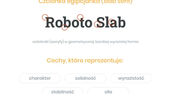 Roboto Slab, przykład czcionki egipcjanki (slab serif) z ozdobnikami. Różne rodzaje czcionek mają swoje unikalne cechy.