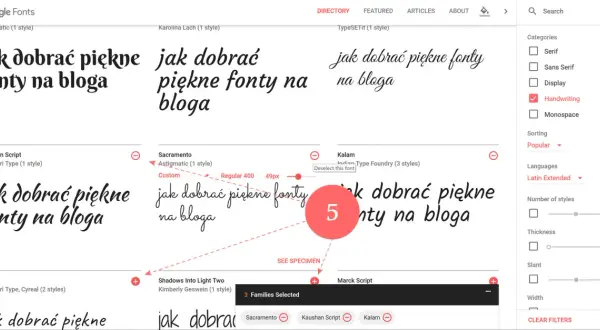 Wybór pięknych czcionek na bloga w Google Fonts. Widoczne różne style pisma, w tym odręczne.