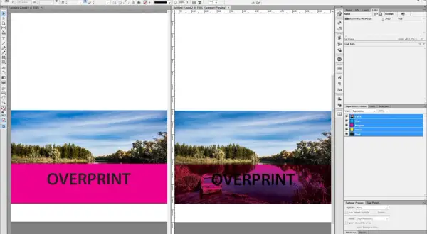 Podgląd nadruku (overprint) w InDesign pokazuje, jak kolory nakładają się na siebie, tworząc efekt głębi.