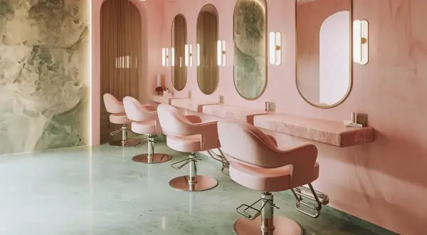 Eleganckie fotele w salonach kosmetycznych, różowe wnętrze z marmurowymi blatami i lustrami.