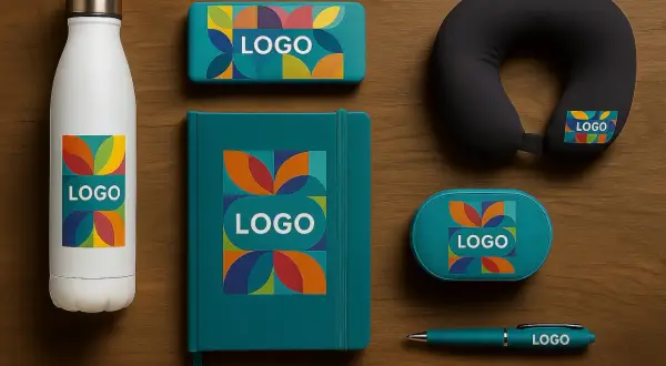 Zestaw gadżetów reklamowych: butelka, notes, poduszka podróżna, etui, długopis. Wszystkie przedmioty ozdobione kolorowym logo.