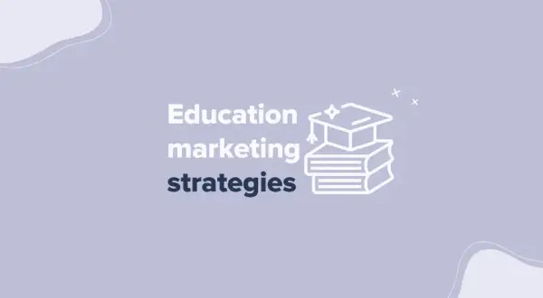 Grafika z hasłem "Education marketing strategies" i ikoną stosu książek z czapką absolwenta. To reklama edukacyjna.