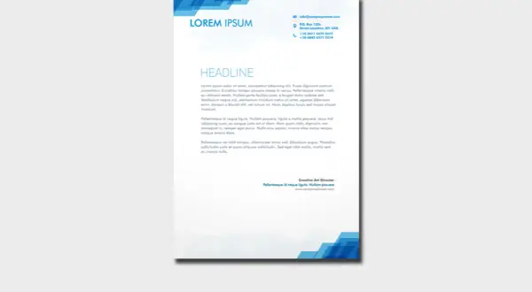 Strona tytułowa z nagłówkiem "LOREM IPSUM" i tekstem nagłówka. Dane kontaktowe i adres firmy.