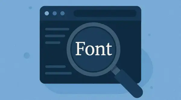 Ilustracja pokazuje, jak sprawdzić czcionkę na stronie internetowej. Lupa powiększa napis "Font" na tle okna przeglądarki.