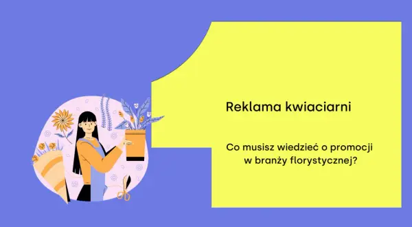 Ilustracja do reklamy kwiaciarni. Uśmiechnięta florystka trzymająca doniczkę z kwiatami.