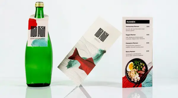 Spis potraw menu restauracji Red Fish z propozycjami ramenów.