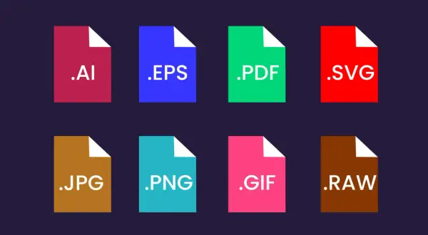 Kolorowa grafika wektorowa prezentująca ikony popularnych rozszerzeń plików: .AI, .EPS, .PDF, .SVG, .JPG, .PNG, .GIF, .RAW.