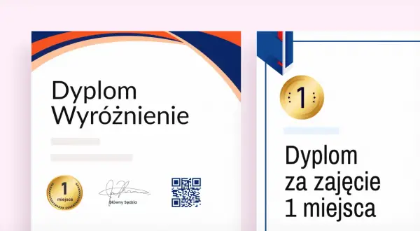 Dwa dyplomy: jeden z napisem "Dyplom Wyróżnienie" i medalem "1 miejsce", drugi z napisem "Dyplom za zajęcie 1 miejsca".
