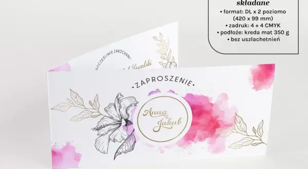 Eleganckie zaproszenia ślubne Anny i Jakuba. Format DL x 2 poziomo (420 x 99 mm) idealny na tę okazję.