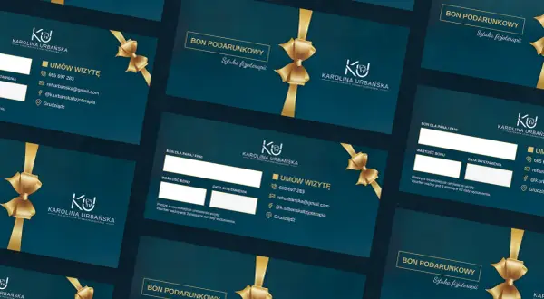 Eleganckie bony podarunkowe z motywem złotych wstążek. Dowiedz się, jak zrobić voucher na usługi fizjoterapii.