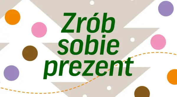 Zrób sobie prezent! Kolorowy bilet szablon do druku z kropkami i choinkowymi wzorami.