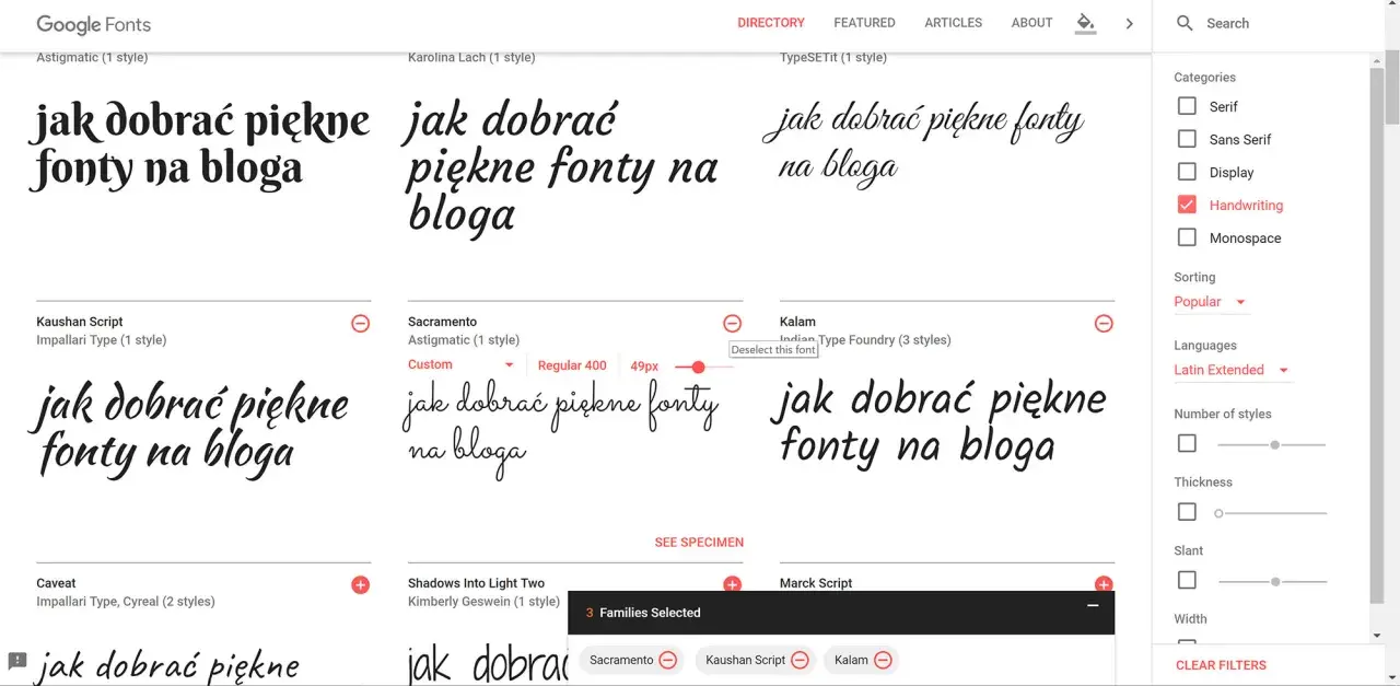 Przeglądaj ozdobne czcionki online na Google Fonts. Zobacz przykłady napisów "jak dobrać piękne fonty na bloga" w różnych stylach.