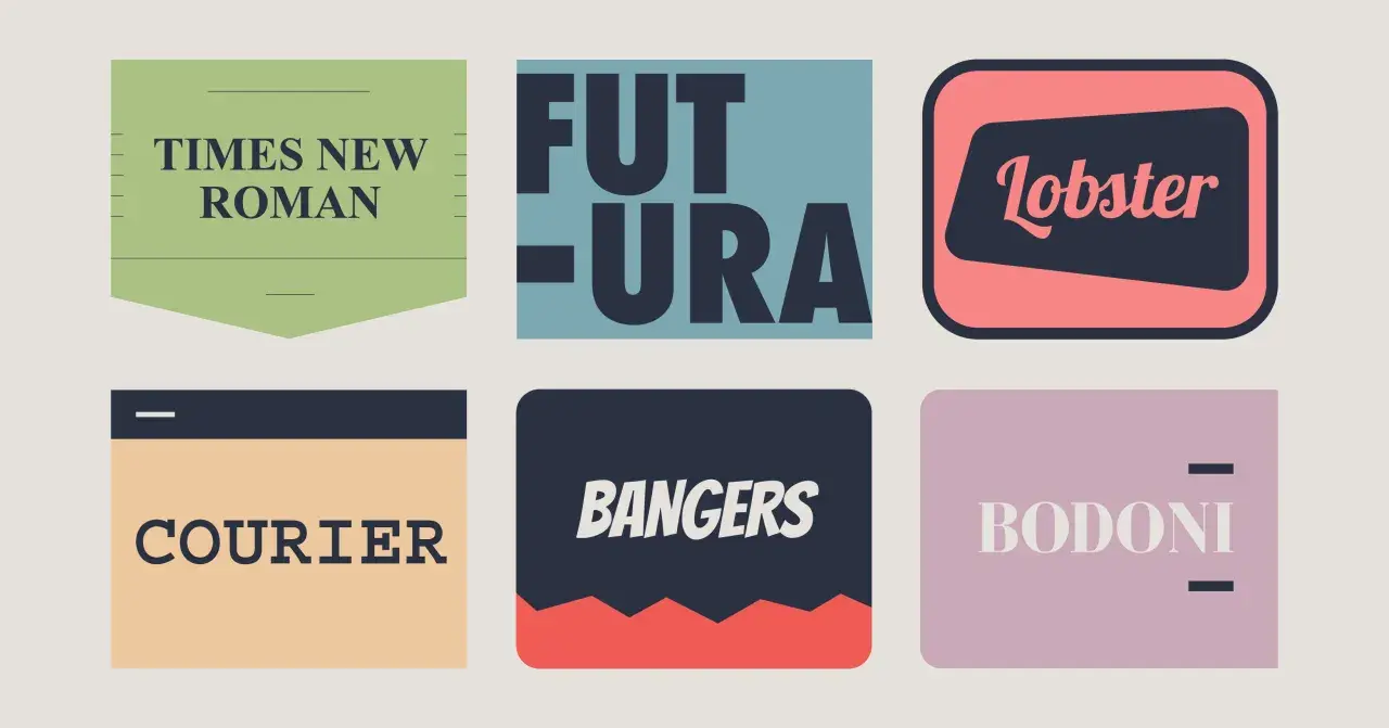 Kolekcja popularnych czcionek: Times New Roman, Futura, Lobster, Courier, Bangers, Bodoni.