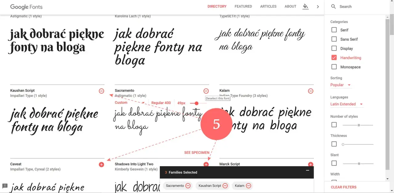 Wybór pięknych czcionek na bloga w Google Fonts. Widoczne różne style pisma, w tym odręczne.
