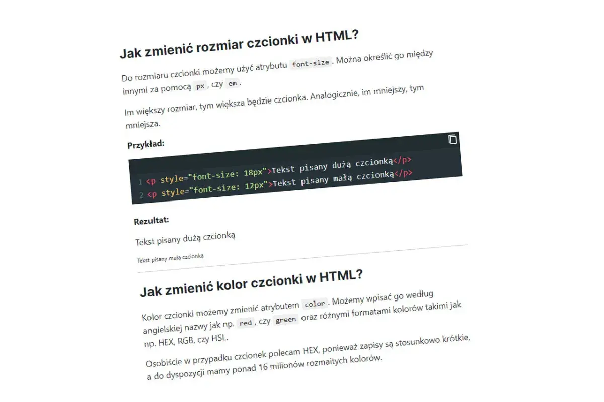 Przykład zmiany rozmiaru czcionki w HTML: 18px dla dużej, 12px dla małej. Pozwala to kontrolować rozmiar czcionki w rzeczywistości.