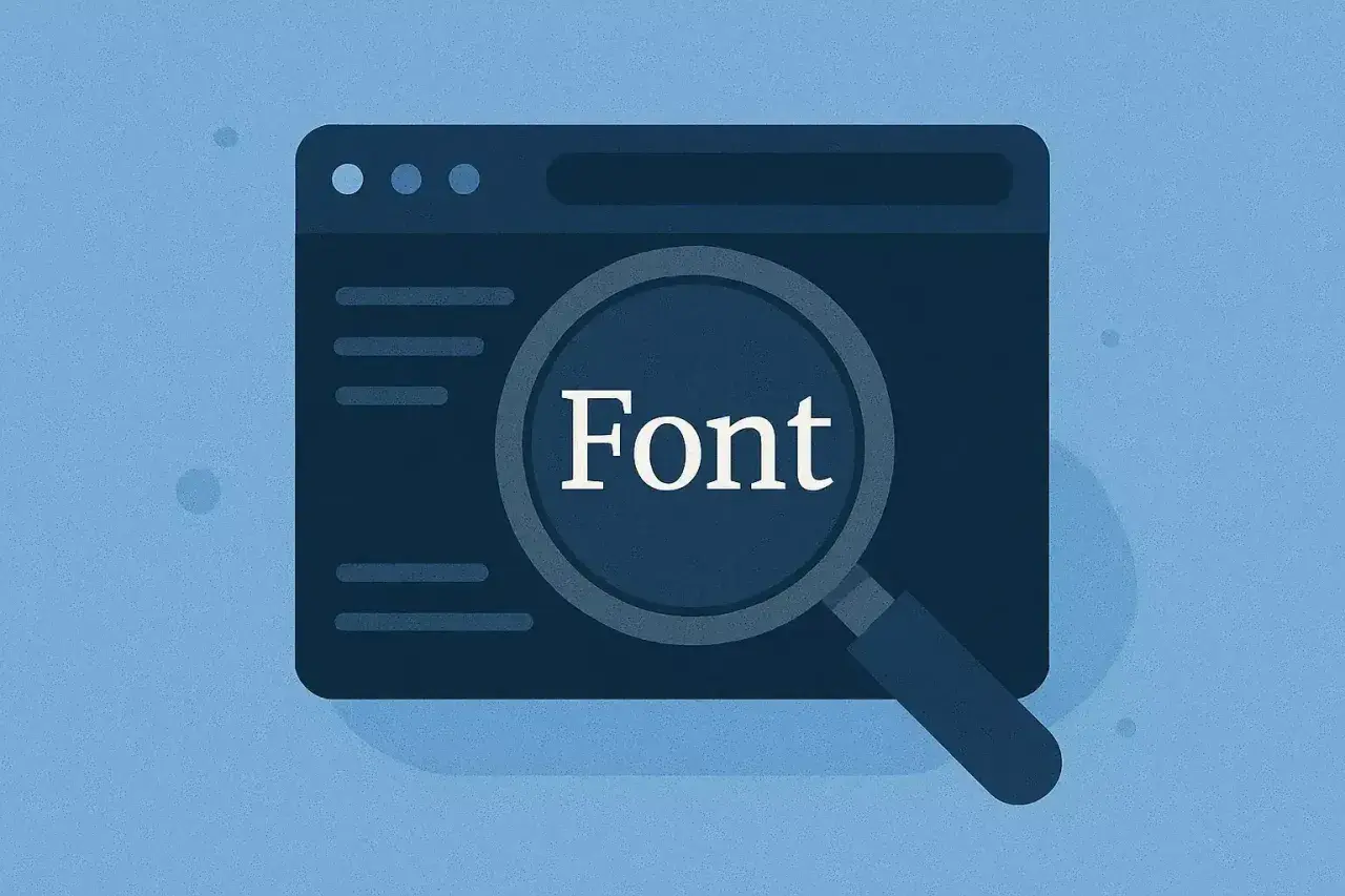 Ilustracja pokazuje, jak sprawdzić czcionkę na stronie internetowej. Lupa powiększa napis "Font" na tle okna przeglądarki.