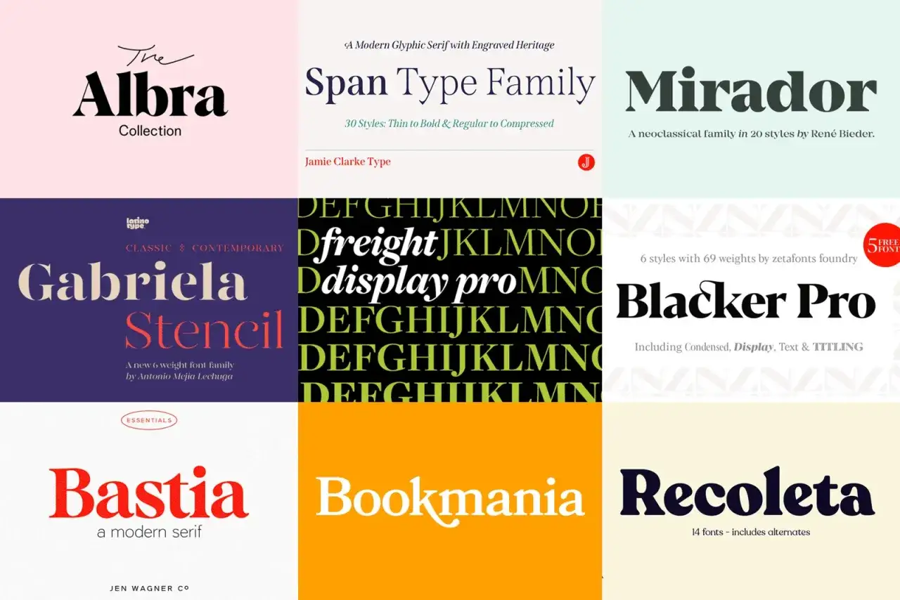 Kolekcja najpopularniejszych czcionek szeryfowych: Albra, Span Type Family, Mirador, Gabriela Stencil, Blacker Pro, Bastia, Bookmania, Recoleta.