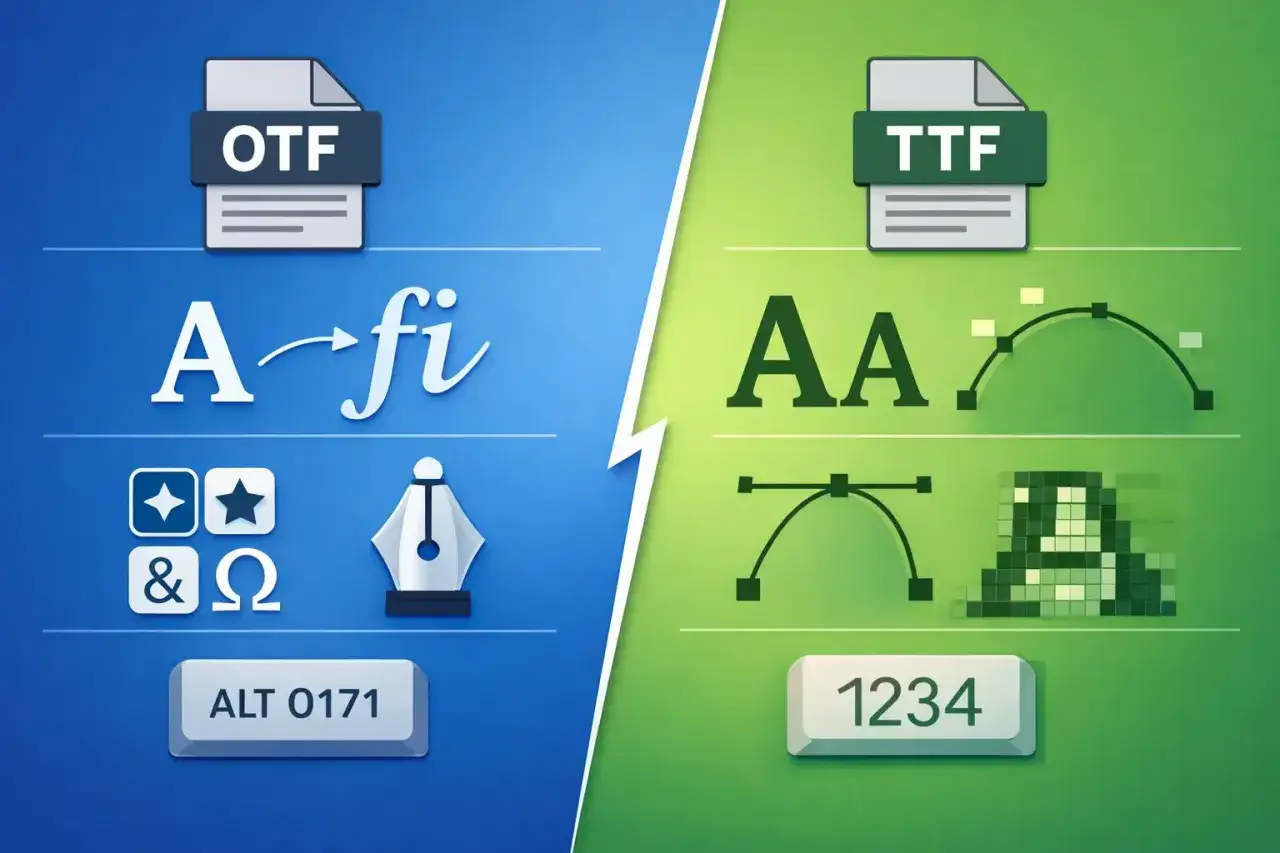 Por&oacute;wnanie format&oacute;w OTF i TTF. Po lewej: ligatura 