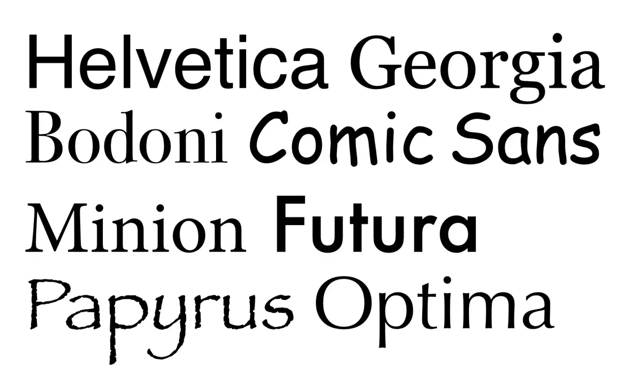 Helvetica, Bodoni, Minion, Papyrus, Georgia, Comic Sans, Futura, Optima &ndash; r&oacute;żne style czcionek i font&oacute;w.