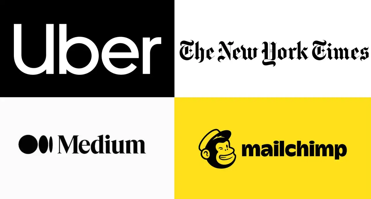 Logo Uber, The New York Times, Medium i Mailchimp. R&oacute;żnorodne, nowoczesne czcionki odzwierciedlają charakter marek.