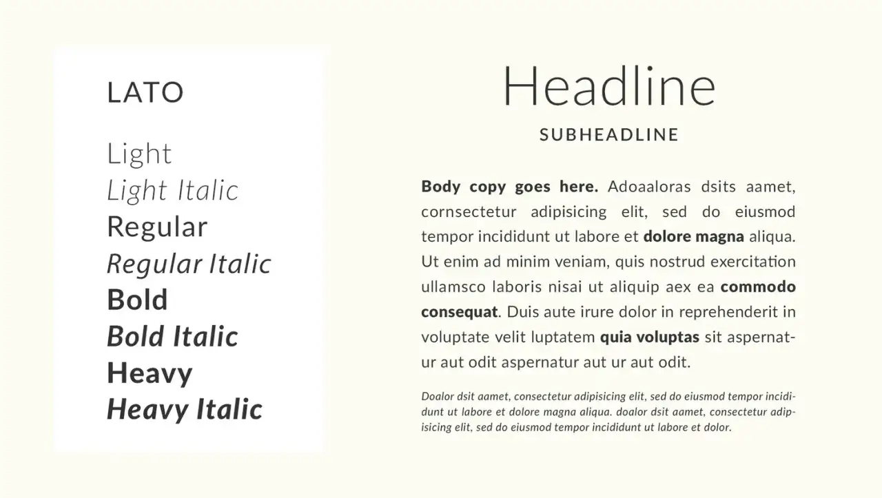 Przykłady r&oacute;żnych odmian czcionki Lato: Light, Regular, Bold, Heavy, w tym wersje italic. Obok tekst demonstracyjny z nagł&oacute;wkiem i tekstem gł&oacute;wnym, pokazujący elegancką czcionkę Word.