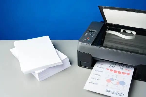 Stos białych kartek obok drukarki, która właśnie drukuje dokument. Różne rodzaje papieru czekają na użycie.