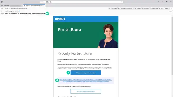 Zaproszenie do Portalu Biura od firmy Insert. Kliknij "Zacznij korzystać z usługi", aby zaakceptować i dowiedzieć się, jak zakończyć zaproszenie.
