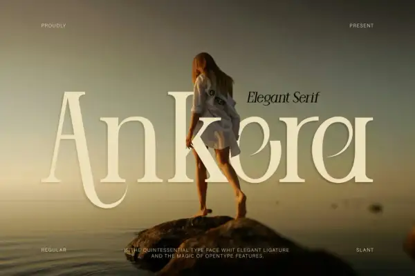 Kobieta na skale przy wodzie, a nad nią wielkie, fajne litery "Ankera" i napis "Elegant Serif".