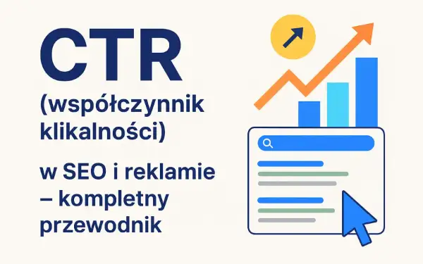 Grafika ilustruje CTR (współczynnik klikalności) w SEO i reklamie. Widoczne są proste, płaskie **techniki graficzne**: tekst, ikony, wykresy słupkowe i liniowe, symbolizujące wzrost.