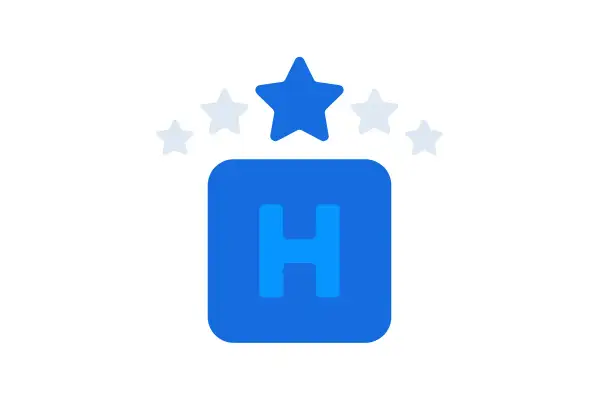 Pięć gwiazdek nad niebieskim kwadratem z literą "H" – idealna reklama hotelu.