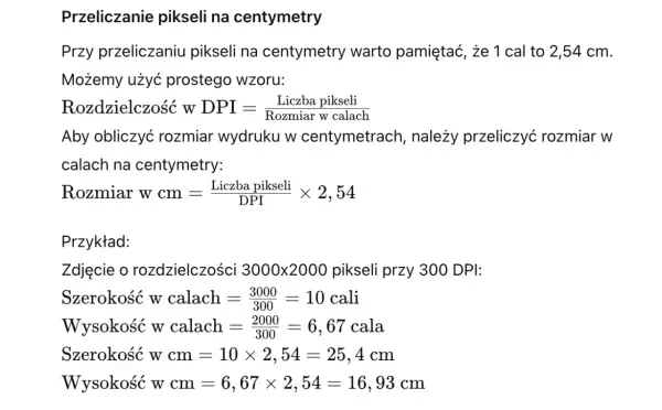 Przeliczanie pikseli na centymetry. Przykład zdjęcia o rozdzielczości 3000x2000 pikseli przy 300 DPI.