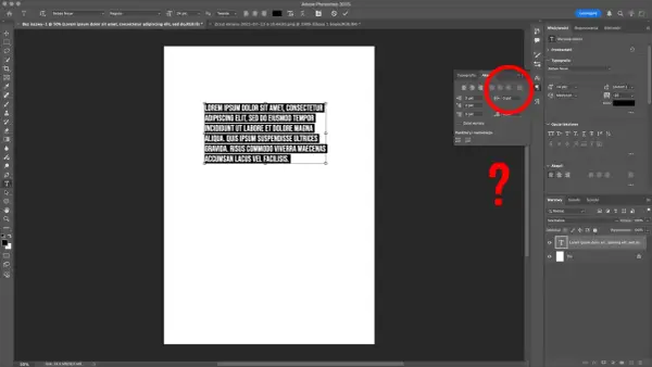 Fragment interfejsu programu Photoshop z zaznaczonym tekstem i panelami narzędzi.