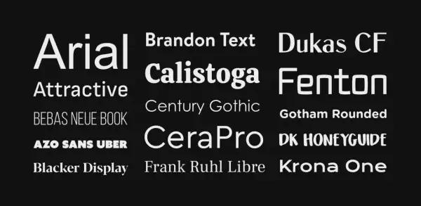 Różne rodzaje czcionek HTML: Arial, Brandon Text, Dukas CF, Calistoga, Fenton, Attractive, Century Gothic, Gotham Rounded, BEBAS NEUE BOOK, CeraPro, DK HONEYGUIDE, AZO SANS UBER, Blacker Display, Frank Ruhl Libre, Krona One.