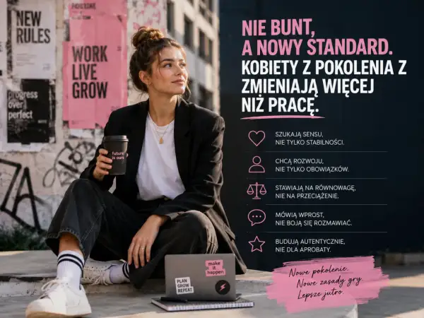 Reklama przypominająca: młoda kobieta z kawą, symbolizująca nowe pokolenie, które zmienia zasady gry i buduje lepsze jutro.