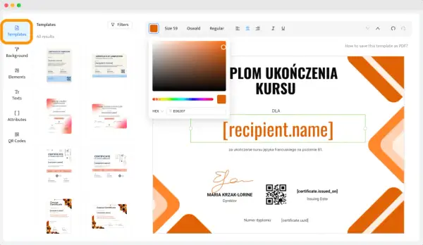 Program do tworzenia dyplomów pozwala wybrać szablon i dostosować kolory, np. pomarańczowy.