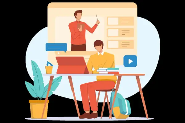 Ilustracja przedstawia studenta uczącego się zdalnie. To idealny wzór ogłoszenia o imprezie edukacyjnej online.