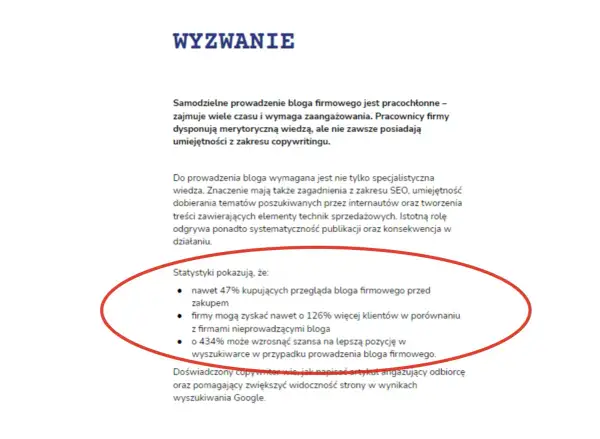 Wzór oferty reklamowej: Statystyki pokazują, że blog firmowy zwiększa szanse na lepszą pozycję w wyszukiwarce i pozyskanie klientów.
